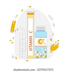 Vector illustration of jars of cream and capsules, bottles with vitamin C. Jars with pills and medicines. Vitamins and dietary supplements