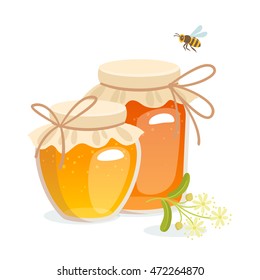 Vector illustration of jars with honey and bee, isolated on white background.