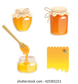 Vector illustration of jars with honey, honeycomb and bee. Honey in jar with honey dipper.