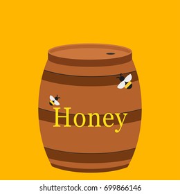 Vector illustration of jars with honey, honeycomb and bee.