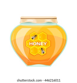 Vector illustration jars of honey on a white background. Isolate. Glass jar with a yellow honey, paper cover and label. Stock vector illustration