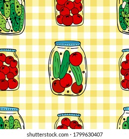 Vector illustration of jars with pickled cucumbers and tomatoes. Doodle picture of pickles. Seamless pattern for textile, web, postcard printing, wrapping paper.
