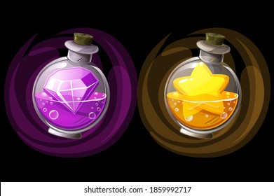 Vector illustration of jars of potions or elixir with icons. Set of bottles of potion with a diamond and a gold star.