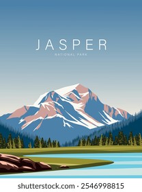 Ilustração vetorial. Jasper, Canadá, cartaz de viagem, faixa, cartão postal, capa. Design moderno.