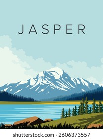 Vector illustration. Jasper national park. Poster, banner, postcard, cover. Tourism, travel, modern design.