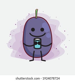 Vector Illustration of Java Plum Fruit Character with cute face, simple hands and leg line art on Isolated Background. Flat cartoon doodle style.