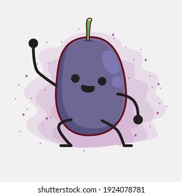 Vector Illustration of Java Plum Fruit Character with cute face, simple hands and leg line art on Isolated Background. Flat cartoon doodle style.