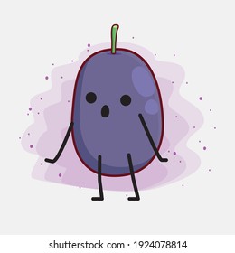 Vector Illustration of Java Plum Fruit Character with cute face, simple hands and leg line art on Isolated Background. Flat cartoon doodle style.