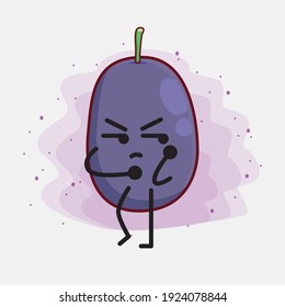 Vector Illustration of Java Plum Fruit Character with cute face, simple hands and leg line art on Isolated Background. Flat cartoon doodle style.