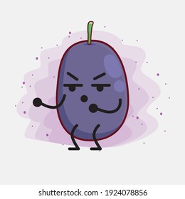 Vector Illustration of Java Plum Fruit Character with cute face, simple hands and leg line art on Isolated Background. Flat cartoon doodle style.