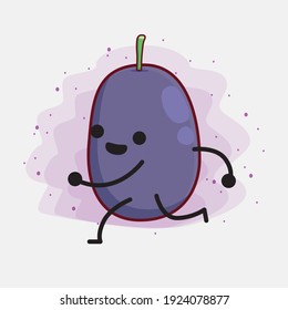Vector Illustration of Java Plum Fruit Character with cute face, simple hands and leg line art on Isolated Background. Flat cartoon doodle style.