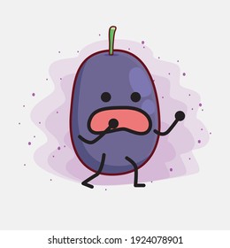 Vector Illustration of Java Plum Fruit Character with cute face, simple hands and leg line art on Isolated Background. Flat cartoon doodle style.