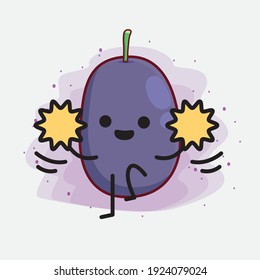 Vector Illustration of Java Plum Fruit Character with cute face, simple hands and leg line art on Isolated Background. Flat cartoon doodle style.