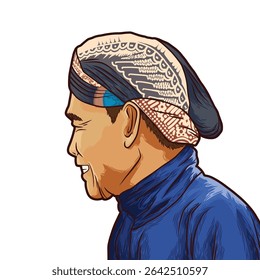 Vector illustration of a Javanese man in traditional blangkon and lurik outfit. Profile view shows Indonesian cultural identity and ethnic heritage.
