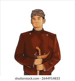 Vector illustration of a Javanese man wearing traditional beskap attire with a blangkon and holding a keris, representing Indonesian cultural identity and heritage.