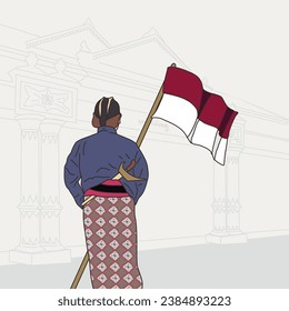 Vector illustration: Javanese servants of Yogyakarta Palace, clad in traditional attire, holding the Indonesian flag, symbolizing cultural pride and heritage.