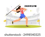 Vector Illustration of Javelin Thrower Athlete Using a Long Spear Shaped Tool to Throw as Far as Possible in a Sports Activity Flat Background