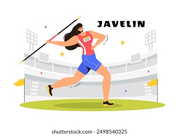 Ilustración vectorial del atleta lanzador de jabalina con una herramienta en forma de lanza larga para lanzar lo más lejos posible en un fondo plano de actividad deportiva