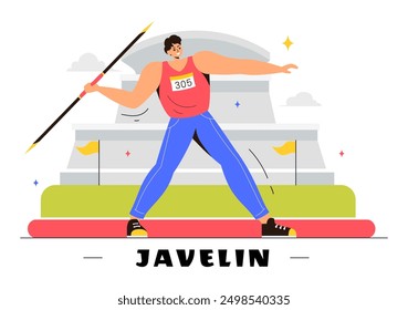 Ilustración vectorial del atleta lanzador de jabalina con una herramienta en forma de lanza larga para lanzar lo más lejos posible en un fondo plano de actividad deportiva