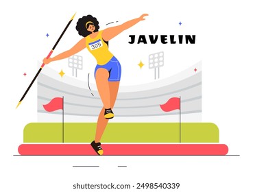 Vector Illustration of Javelin Thrower Athlete Using a Long Spear Shaped Tool to Throw as Far as Possible in a Sports Activity Flat Background