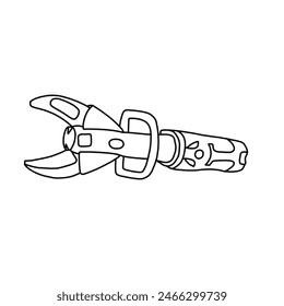 Vector illustration Jaws of life or hydraulic rescue tool hand drawn sketch Fireman equipment line art, front view, isolated on white background, For kids coloring book or science illustration.