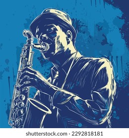 Ilustración vectorial de un artista de jazz tocando saxofón