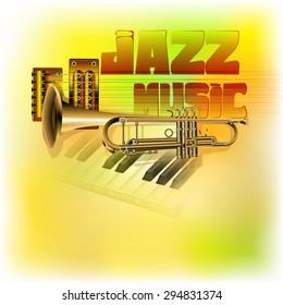 vector illustration of a jazz background music, trumpet, guitar strings on the background Clavey piano with blurred multicolored texture