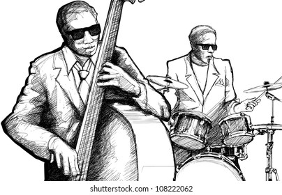 Vector illustration of a jazz band with double bass and drum