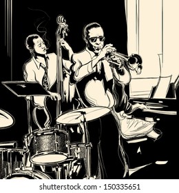 Imagen vectorial de una banda de Jazz con doble bajo - trompeta - piano y tambor