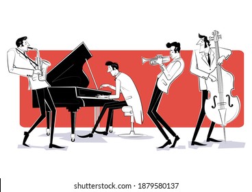 Ilustración vectorial de una banda de Jazz con doble bajo, trompeta, saxofón y piano sobre fondo rojo.