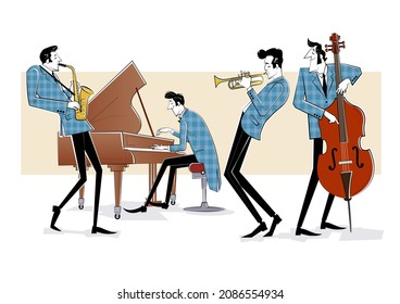 Vector illustration of a Jazz band with double-bass, trumpet, saxophon and piano