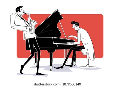 Vector illustration of a Jazz band with saxophon and piano on red background.