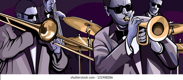 Dibujo vectorial de una banda de jazz con trompeta doble bajo y tambor