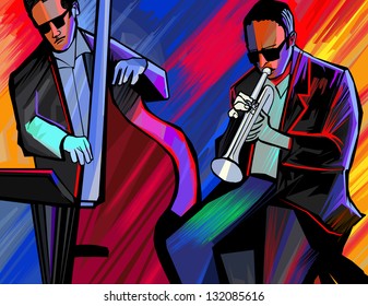 Ilustración vectorial de una banda de jazz con trompeta y bajo doble