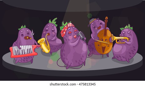 vector illustration of a jazz bend eggplant. Includes a vocalist, saxophonist, keyboardist, trumpeter and cellist on stage