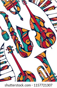 Vector illustration - Jazz festival. Hand-drawn music instruments. For music events, jazz concerts.