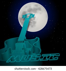 Vector illustration jazz guitar outline against the night sky and a full moon.