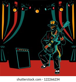 Vector illustration of a jazz guitar player on stage