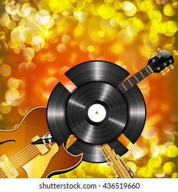 Vector illustration of a jazz guitar and saxophone vinyl record against a bright background with glitter and flash.
