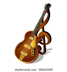 vector illustration of a jazz guitar with a treble clef and shadow isolated object pattern poster or billboard