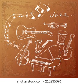 Vector illustration of Jazz instrument background, simple white on grunged brown