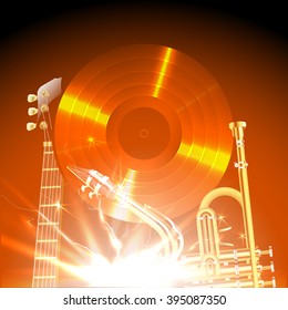 Vector illustration of jazz instruments in the world, jazz guitar, saxophone and trumpet on the background of a vinyl disc.