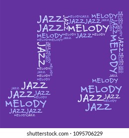 Vector illustration of Jazz melody shaped purple word cloud sign