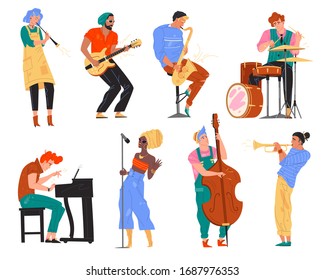 Vector illustration of jazz music band. Man, woman, guitarist, saxophonist, drummer, african singer, trumpeters, keyboard and double bass player. Flat cartoon character musicians playing together set
