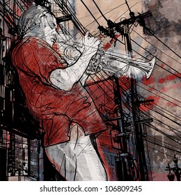 Vector illustration of a jazz music trumpet musician on a grunge cityscape background