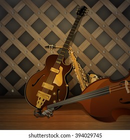 Vector illustration of a jazz musical instruments on a wooden background, bass, jazz guitar, saxophone. There is a place for printing, looks great white text over the image.