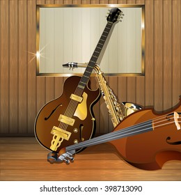 Vector illustration of a jazz musical instruments on a wooden background with frame, bass, jazz guitar, saxophone. There is a place for printing, looks great white text over the image.