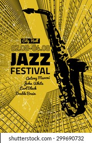 Vector illustration of Jazz poster background template with hand drawn saxophone. Modern graphic design for festival, concert and club performance placard. Creative image in beige and black colours.