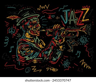 Ilustración vectorial para póster de jazz. Festival de música. Trompetista