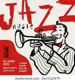 Ilustração vetorial para poster de jazz. Festival de música. Trompetista. Café bar